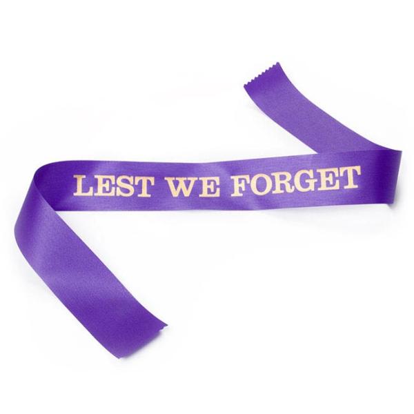 Anzac Day Ribbon |  Ribbon Lest We Forget Sash Violet (50mmx1m) Anzac Day Ribbon Anzac Day Ribbon