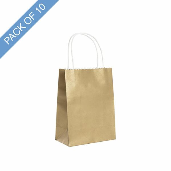 Christmas Kraft Bags |  Kraft Paper Bag Shopper Small Gold Pk10 (150Wx80Gx200mmH) Christmas Kraft Bags Christmas Kraft Bags