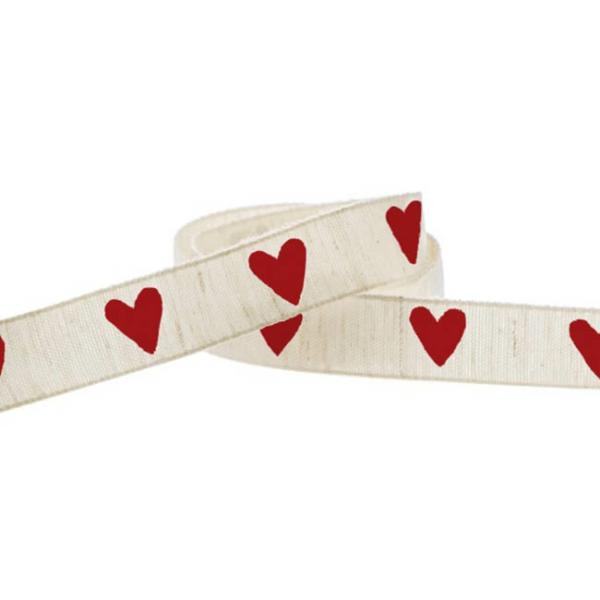 Cotton Ribbons |  Vintage Cotton Ribbon Heart Beige Red (15mmx10m) Cotton Ribbons Cotton Ribbons