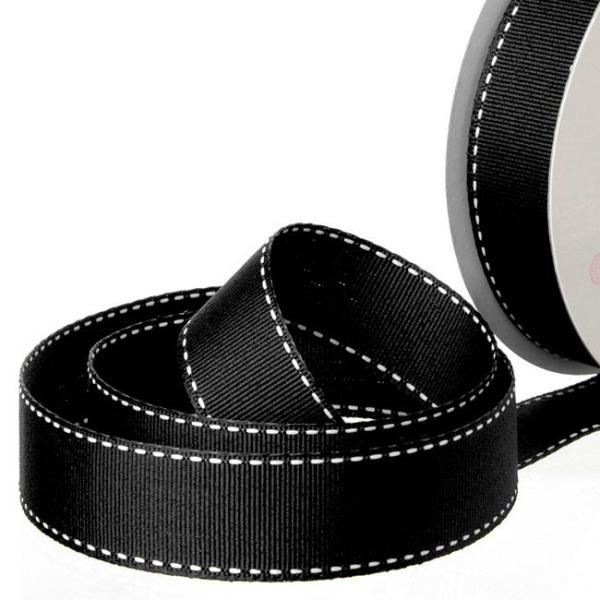 Grosgrain Ribbons |  Ribbon Grosgrain Saddle Stitch Black (25mmx20m) Fabric & Paper Ribbons Black