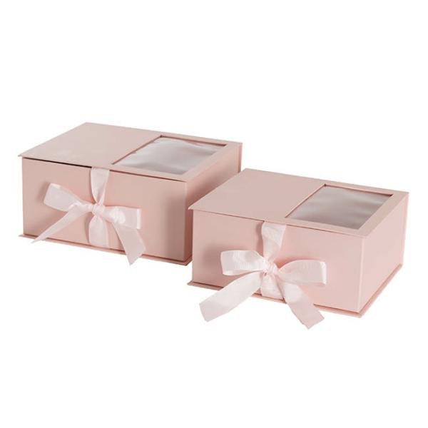 Hamper Boxes |  Luxe Gift Flower Box Window Ribbon Set 2 Pink (24x20x11Hcm) Gift Box With Lid Gift Box With Lid