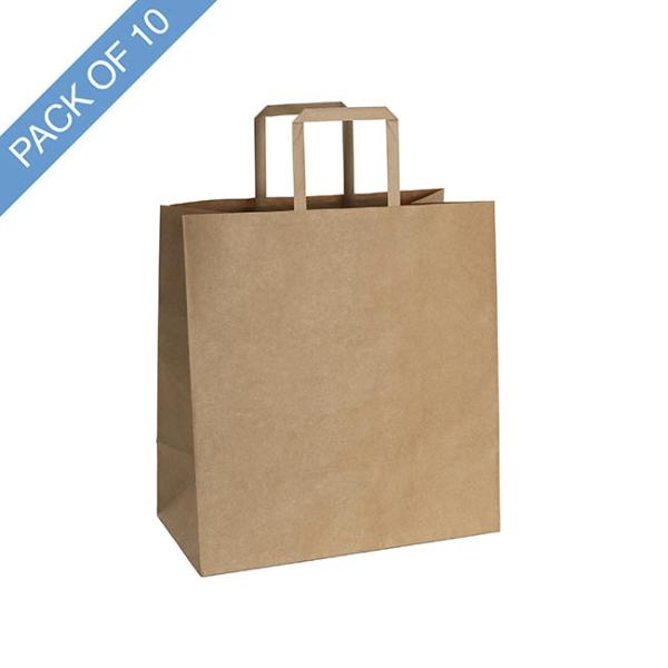 Kraft Paper Carry Bags |  Kraft Bag Grocery Flat Handle Brown Pk10 (320Wx175Gx340mmH) Gift Bags Kraft Paper Carry Bags