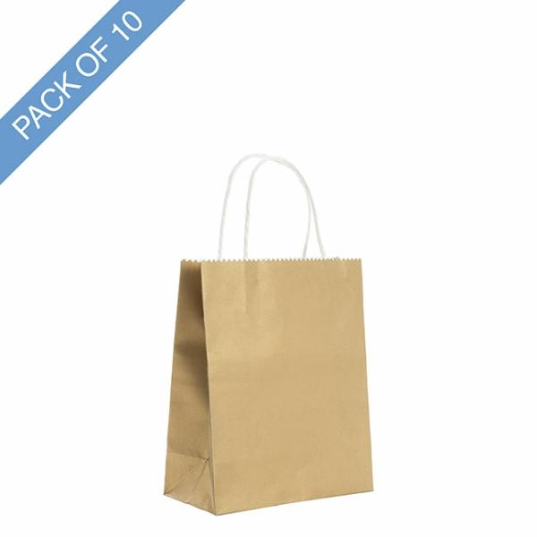 Kraft Paper Carry Bags |  Kraft Paper Bag Shopper Medium Gold Pk10 (180Wx85Gx215mmH) Christmas Kraft Bags Christmas Kraft Bags