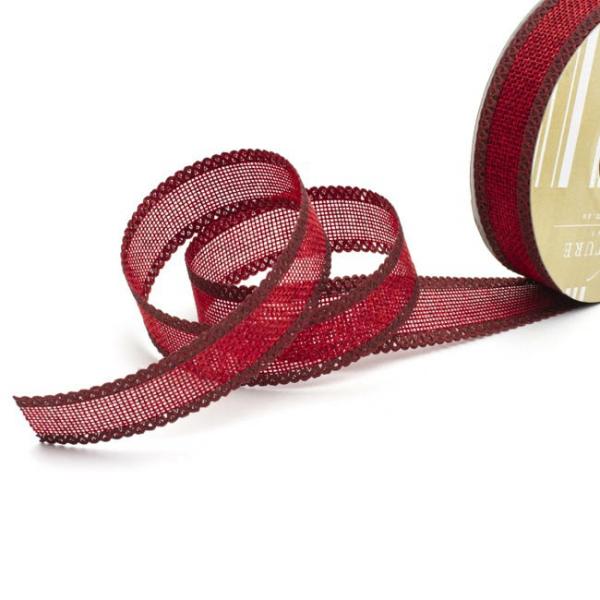 Linen Ribbons |  Faux Linen Ribbon With Scalloped Edge Burgundy (25mmx10m) Fabric & Paper Ribbons Dark Red