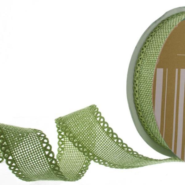 Linen Ribbons |  Faux Linen Ribbon With Scalloped Edge Moss (25mmx10m) Fabric & Paper Ribbons Green