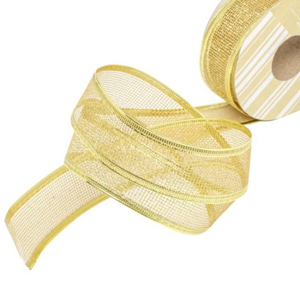 Metallic Ribbon |  Ribbon Metallic Mesh Gold Wired Edge (40mmx20m) Fabric & Paper Ribbons Gold