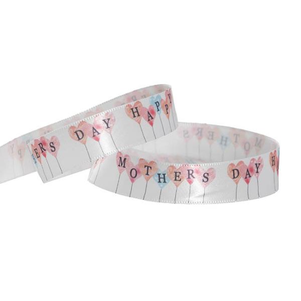 Mother’s Day Ribbons |  Ribbon Satin Happy Mothers Day Print White (25mmx18m) Fabric & Paper Ribbons Mother's Day Ribbons