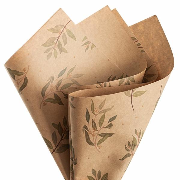 Printed Pattern Kraft Paper |  Kraft Paper Gum Leaf Print 110gsm Brown Pack 100 (50x70cm) Kraft Paper Wrapping Printed Pattern Kraft Paper