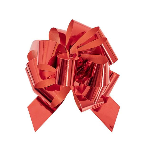 Pull Bows |  Ribbon Pull Bow Pom Pom Metallic Red (32mmx12.5cm) Pack 5 Pull Bows Metallic Red