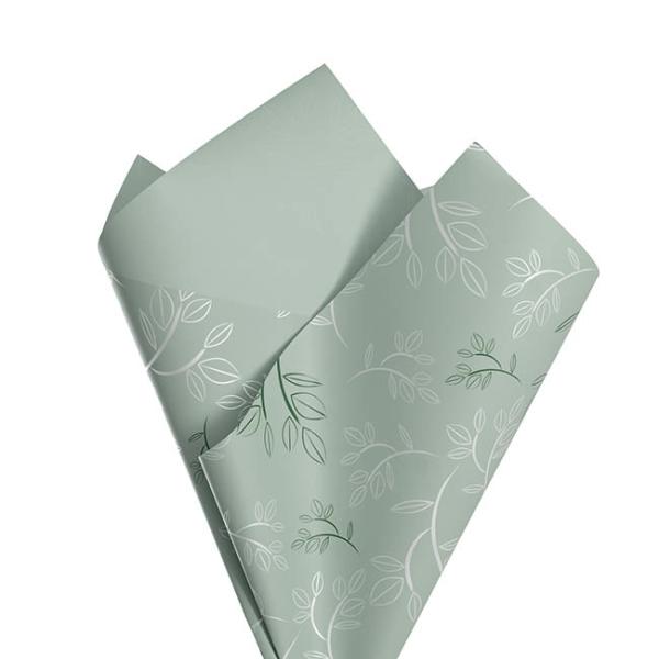 Regal Pearl Wrap Pattern |  Cello Regal Leaf Spray 65mic Sage Green Pk100 (50x70cm) Flower Wrap Regal Pearl Wrap Pattern