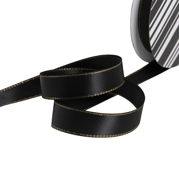 Satin Ribbons |  Satin Double Face Metallic Edge Black Gold (15mmx20m) Fabric & Paper Ribbons Black