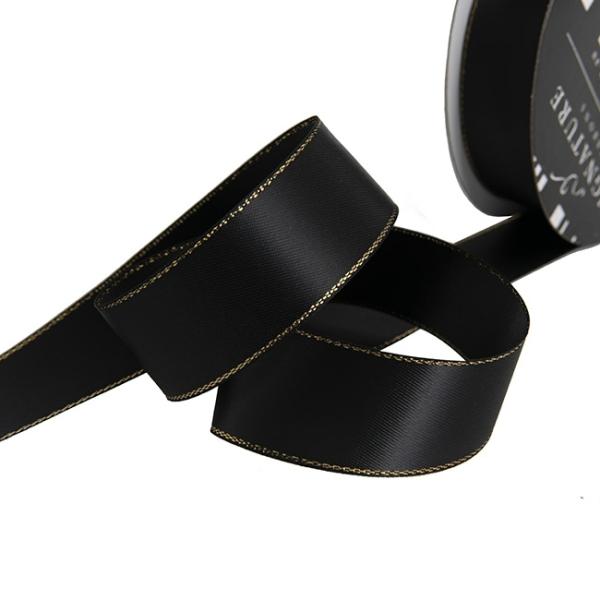 Satin Ribbons |  Satin Double Face Metallic Edge Black Gold (25mmx20m) Fabric & Paper Ribbons Black