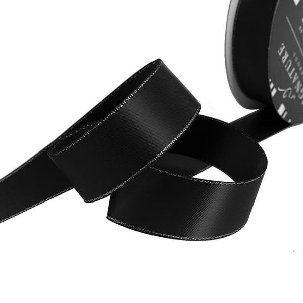 Satin Ribbons |  Satin Double Face Metallic Edge Black Silver (25mmx20m) Fabric & Paper Ribbons Black