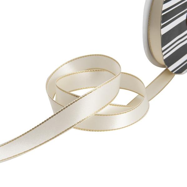 Satin Ribbons |  Satin Double Face Metallic Edge Ivory Gold (15mmx20m) Fabric & Paper Ribbons Cream Ivory