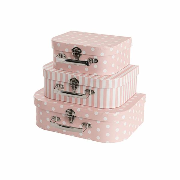 Suitcase Gift Boxes |  Suitcase Gift Box Spots Stripes Pink Set 3 (30x20x9cmH) Gift Boxes Soft Pink