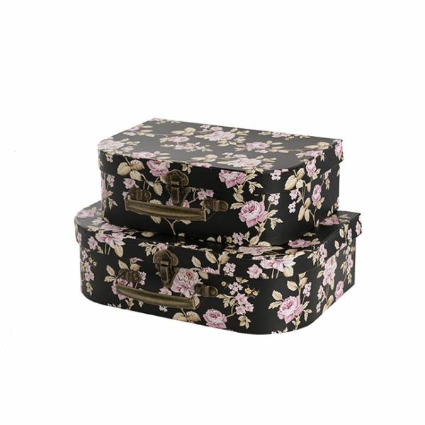 Suitcase Gift Boxes |  Suitcase Gift Hamper Box Black Floral Set 2 (30x20x9cmH) Gift Boxes Black