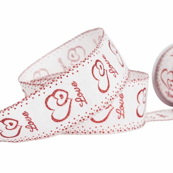 Valentine’s Day Ribbons |  Ribbon Linen Red Glitter Hearts Wire Edge White (60mmx10m) Fabric & Paper Ribbons Valentine's Day Ribbons