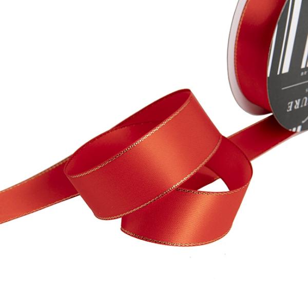 Valentine’s Day Ribbons |  Satin Double Face Metallic Edge Red Gold (25mmx20m) Fabric & Paper Ribbons Red