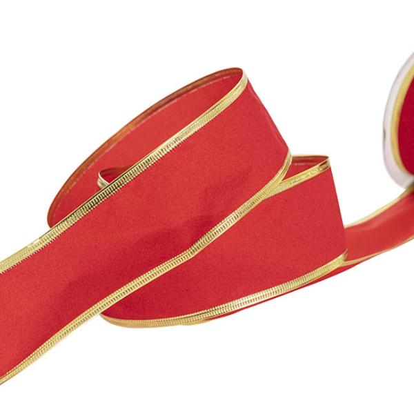 Velvet Ribbon |  Ribbon Velvet Red Gold Sonic Edge (50mmx10m) Fabric & Paper Ribbons Red