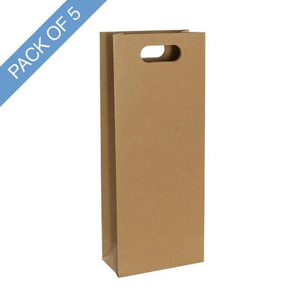 Wine Gift Bags |  Wine Bag Two Bottle Kraft Brown Pack 5 (17Wx9Gx42cmH) Gift Bags Soft Brown