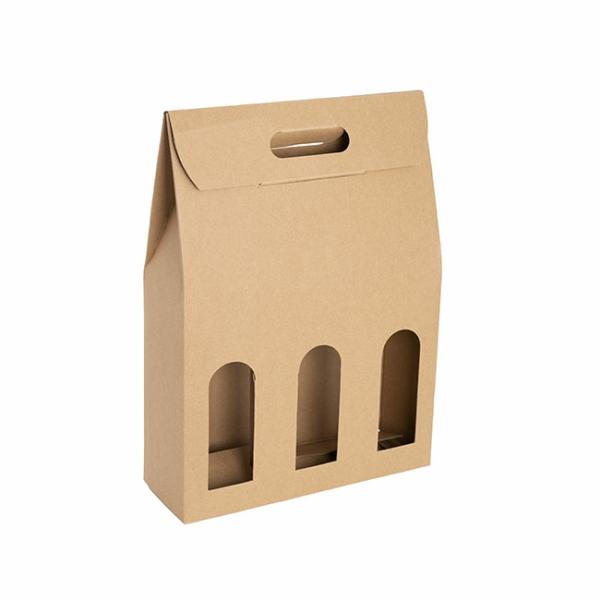 Wine Gift Boxes |  Wine Box Handle & Window 3 Bottles Kraft (26.5x9x39.5cmH) Gift Boxes Soft Brown