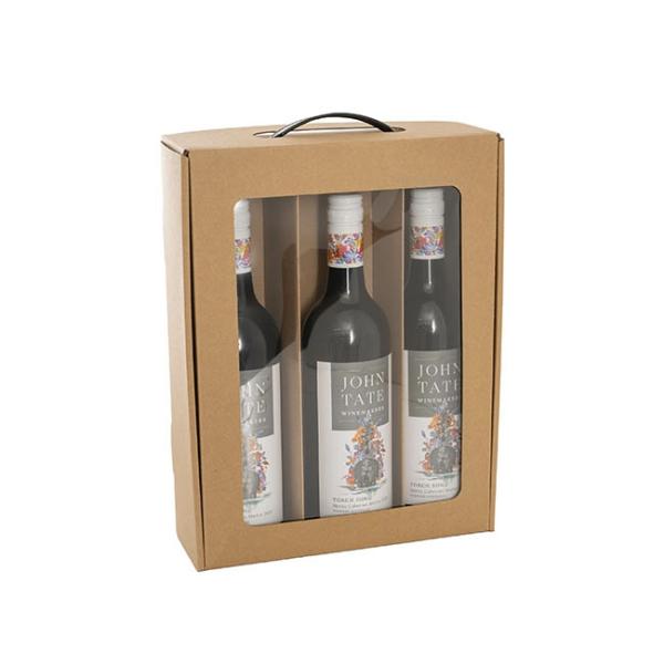 Wine Gift Boxes |  Wine Window Carry Box Hamper 3 Bottles Kraft (25x9x34cmH) Gift Boxes Soft Brown