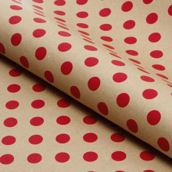 Wrapping Paper Rolls |  Wrapping Paper Roll Bold Dot Red on Brown Kraft (50cmx50m) Wrapping Paper Red