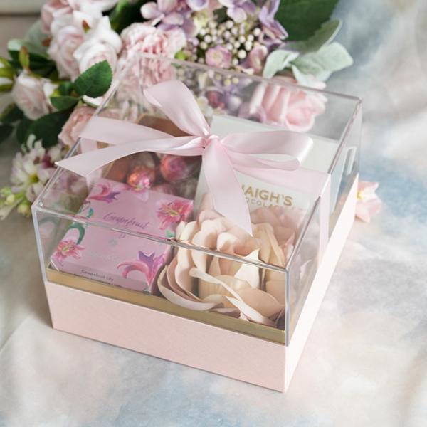 Hamper Boxes |  Luxe Gift Box Acrylic Lid And Ribbon Pink Gold (20x20x13Hcm) Acrylic & Pvc Display Gift Box Acrylic & Pvc Display Gift Box