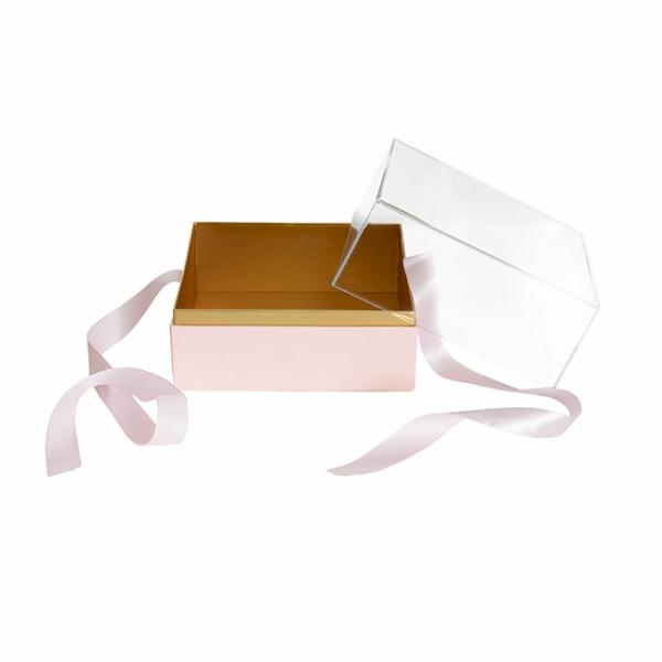 Hamper Boxes |  Luxe Gift Box Acrylic Lid And Ribbon Pink Gold (20x20x13Hcm) Acrylic & Pvc Display Gift Box Acrylic & Pvc Display Gift Box