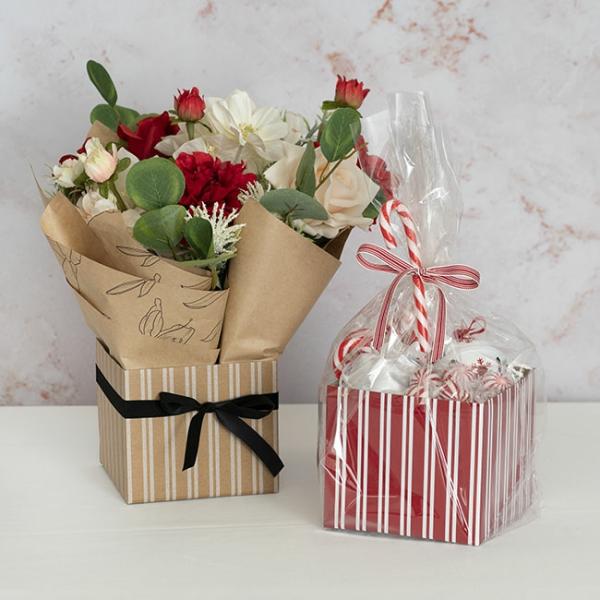 Posy Boxes |  Mini Posy Box Stripes Pack 10 Red White (13x12cmH) Flower Boxes & Bags Dark Red