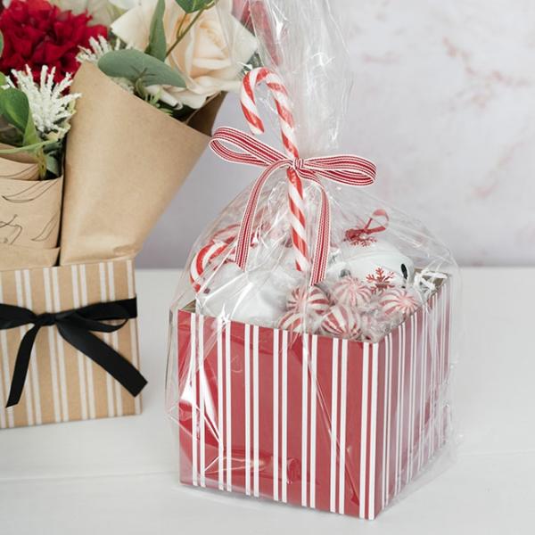 Posy Boxes |  Mini Posy Box Stripes Pack 10 Red White (13x12cmH) Flower Boxes & Bags Dark Red